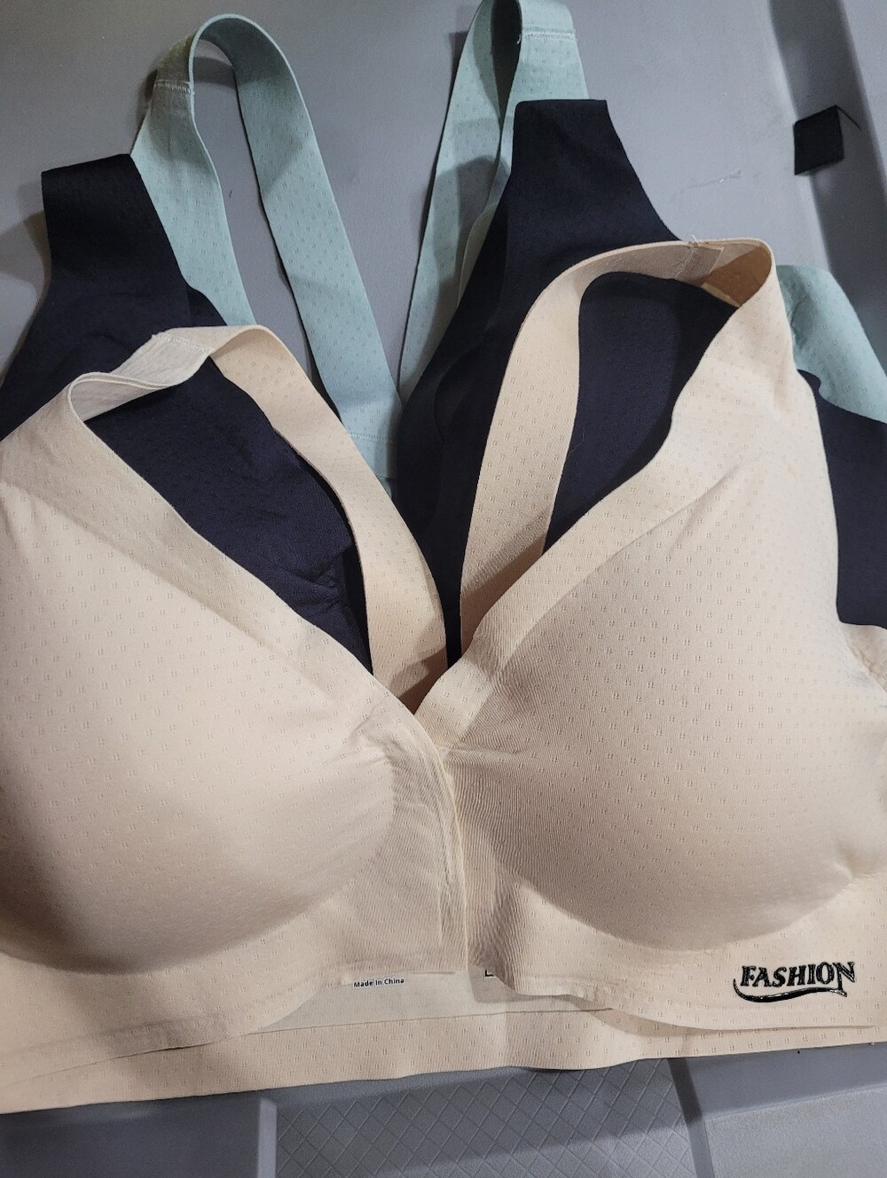 Amazon Essentials Beige & Black Padded Wireless Bra with Mint Straps